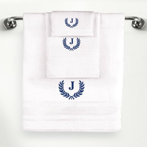 Ephesos Custom Monogrammed Towel Set - 3 Piece Wheat Design with J in Blue
