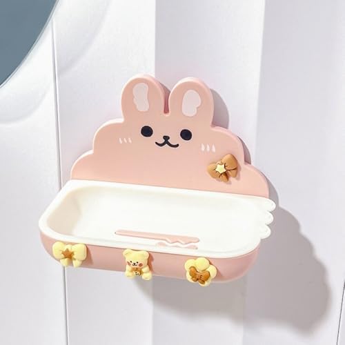 Cute Rabbit Soap Holder Stick-On Wall Mount Pink