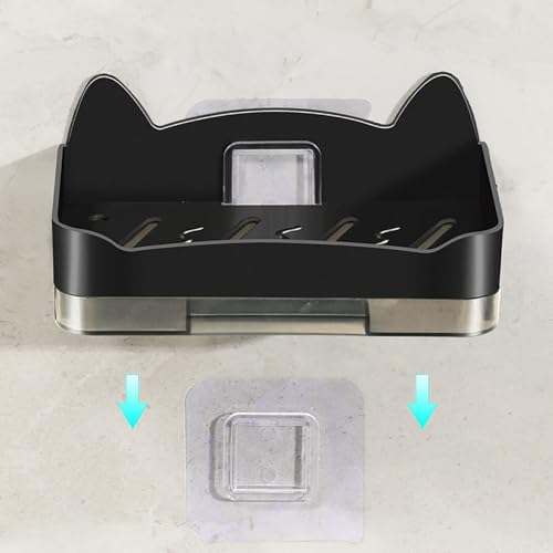 Whimsical Cat Soap Dish with 4 Hooks - Wall Mounted Black