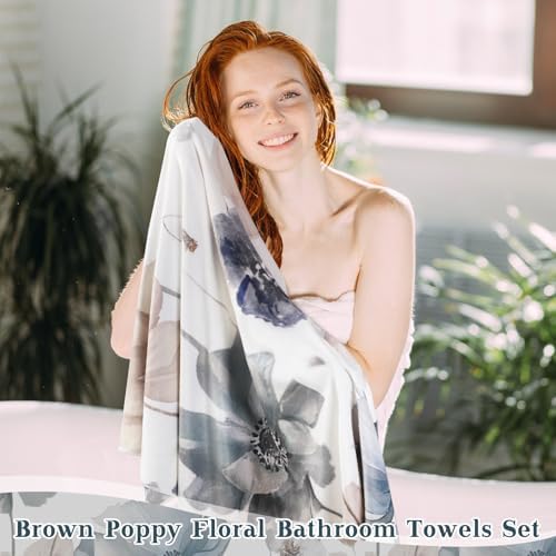 Preboun 3 Pack Brown Poppy Floral Bath Towels Set