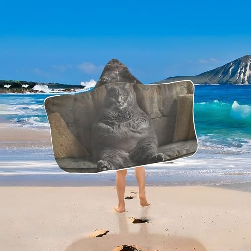 CHIFIGNO Funny Fat Gray Cat Hooded Kids Bath Towel