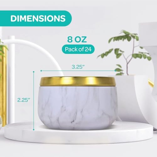 Hearts Crafts 8oz Marble Candle Tins - 24-Pack with Gold Lids