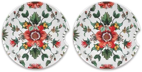 Vintage Red Flowers Car Coasters 2 Pack