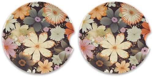 Retro Flowers Car Coasters 2 Pack - Ceramic Cork Base