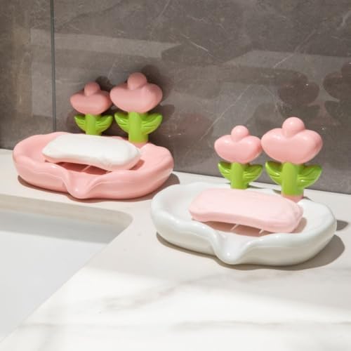 Floral Soap Holder Non-Slip Plastic Bath Organizer Pink