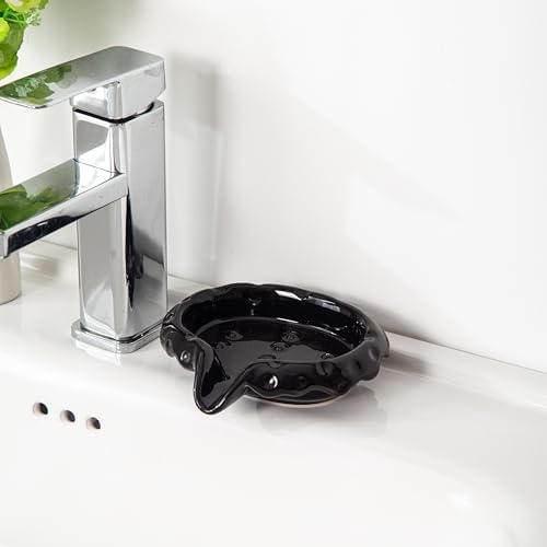 VIULIKT Ceramic Soap Dish with Drain Spout Black 1