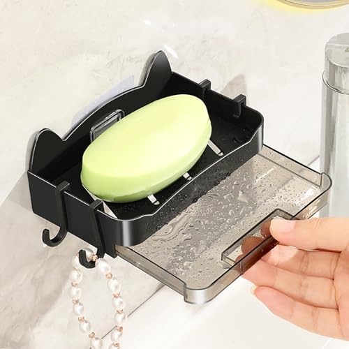Whimsical Cat Soap Dish with 4 Hooks - Wall Mounted Black