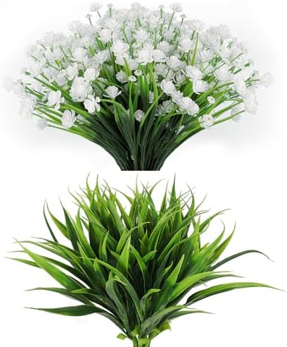 RECUTMS 12 Bundles Artificial Flowers 8Pcs Fake Grass for Outdoor 1