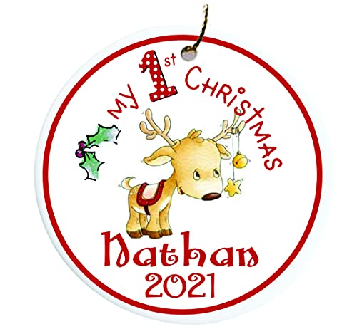 Personalized Baby First Christmas Reindeer Ornament with Gold Cord