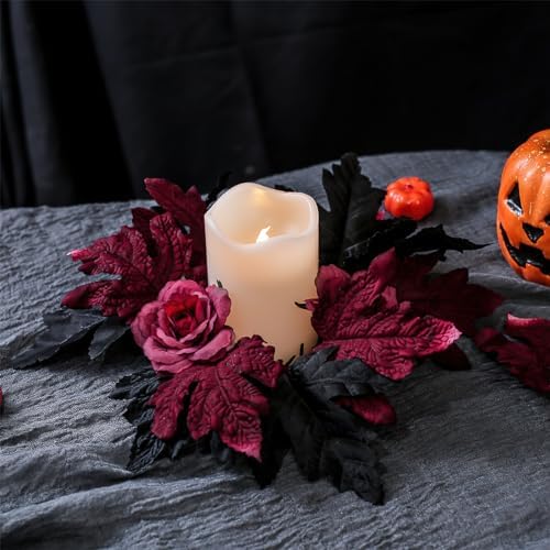 Halloween Candle Wreath Holder with Maple Leaves and Roses