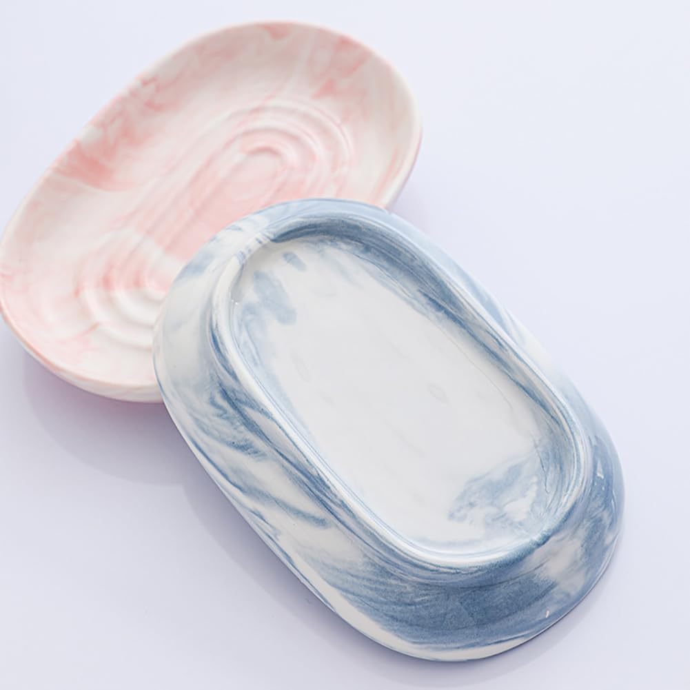 Ceramic Soap Tray Oval Holder Anti Slip Marble Design Pink