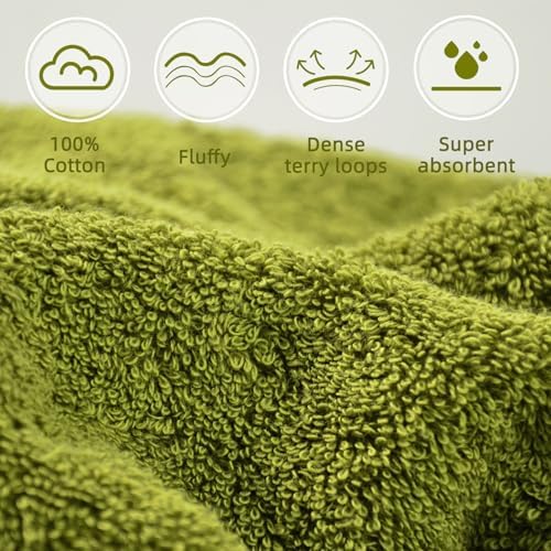 Cleanbear Bathroom Towel Set of 4 - 100 Cotton Moss Green