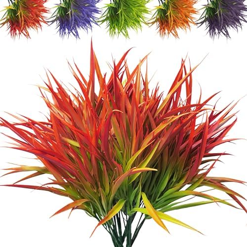 FANMINI 8 Bundle UV Resistant Artificial Grass Plants Red 17Inch Tall