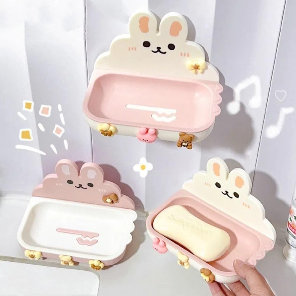 Cute Rabbit Soap Holder Stick-On Wall Mount Pink
