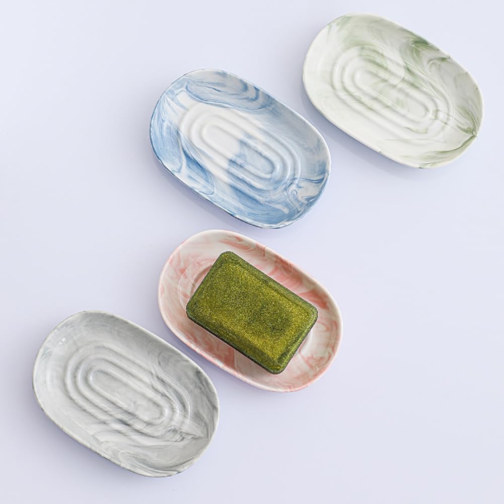 Ceramic Soap Tray Oval Holder Anti Slip Marble Design Pink