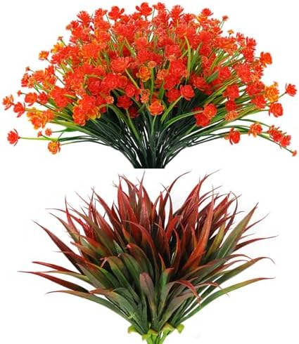 RECUTMS 12 Bundles Artificial Flowers 8Pcs Fake Grass for Outdoor