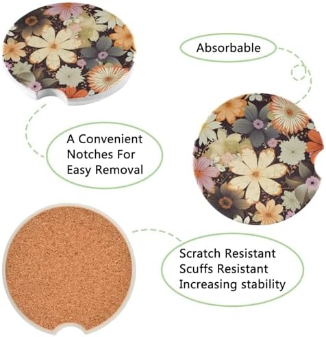 Retro Flowers Car Coasters 2 Pack - Ceramic Cork Base