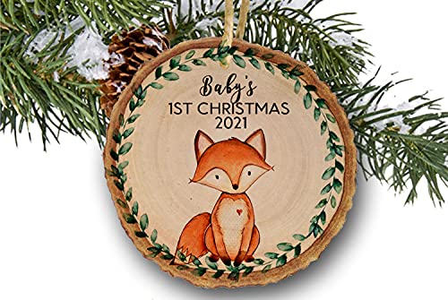 Babys First Christmas Woodland Fox Birch Wood Ornament 1