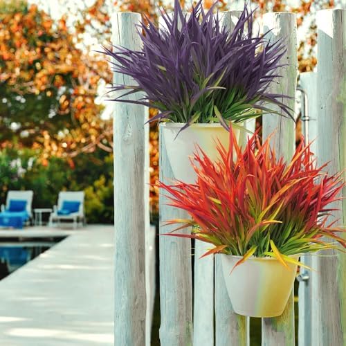 FANMINI 8 Bundle UV Resistant Artificial Grass Plants Red 17Inch Tall