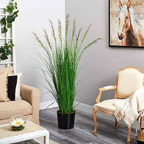 Nearly Natural 6ft Grass Artificial Plant in Black Tin Planter