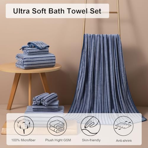 Oliven 8 Pcs Navy Cabana Stripe Towel Set