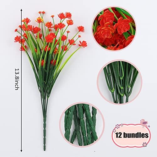 RECUTMS 12 Bundles Artificial Flowers 8Pcs Fake Grass for Outdoor