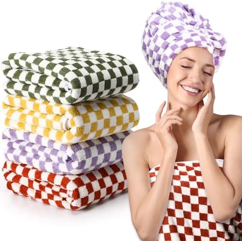 Peryiter 4 Pcs Checkered Bath Towel Set