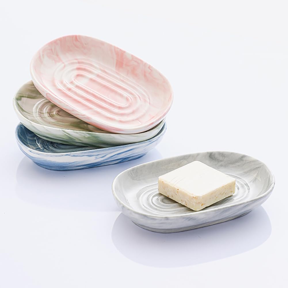 Ceramic Soap Tray Oval Holder Anti Slip Marble Design Pink