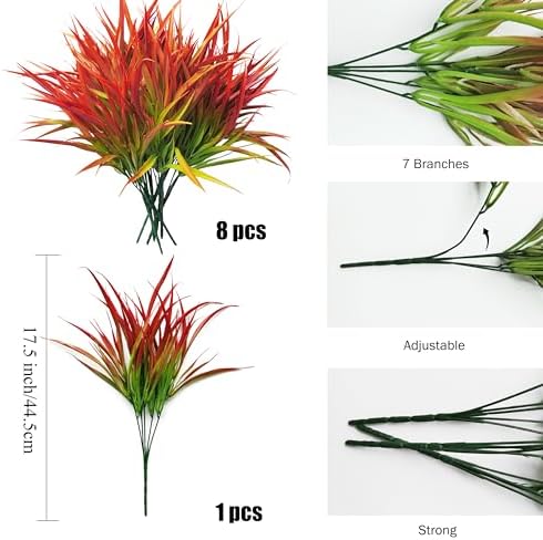 FANMINI 8 Bundle UV Resistant Artificial Grass Plants Red 17Inch Tall