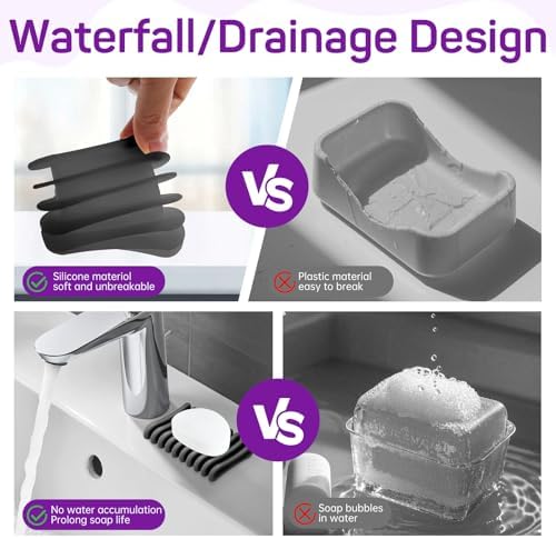 Langierspur 2 Pcs Self Draining Silicone Soap Holder - Waterfall Design Black