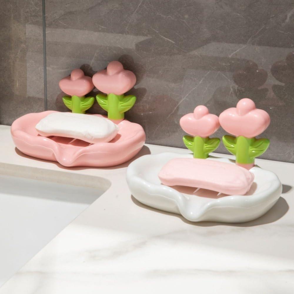 Floral Soap Holder Non-Slip Plastic Bath Organizer Pink
