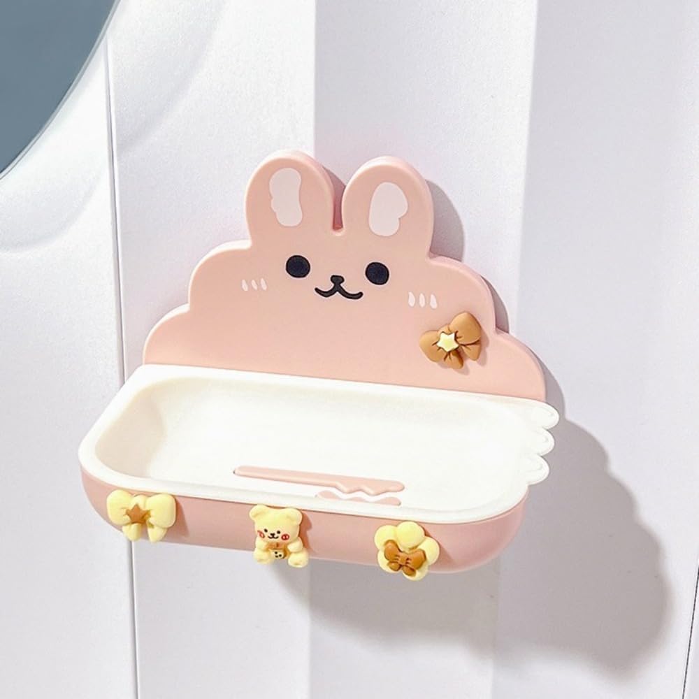 Cute Rabbit Soap Holder Stick-On Wall Mount Pink
