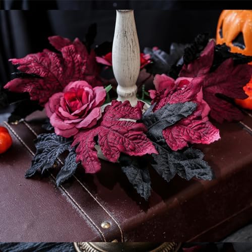 Halloween Candle Wreath Holder with Maple Leaves and Roses