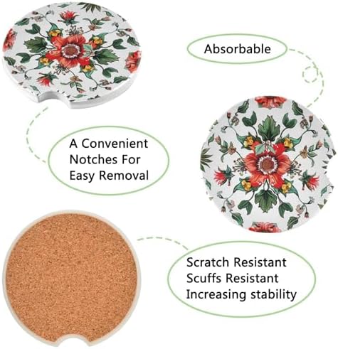 Vintage Red Flowers Car Coasters 2 Pack