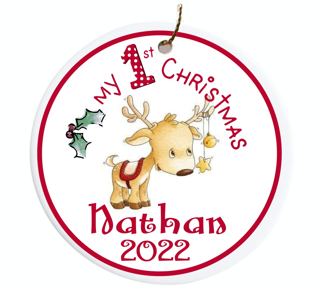 Personalized Baby First Christmas Reindeer Ornament with Gold Cord