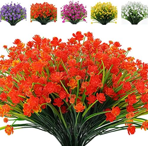 RECUTMS 12 Bundles Artificial Flowers 8Pcs Fake Grass for Outdoor