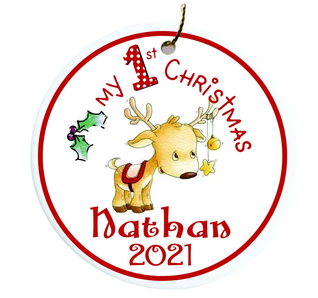 Personalized Baby First Christmas Reindeer Ornament with Gold Cord