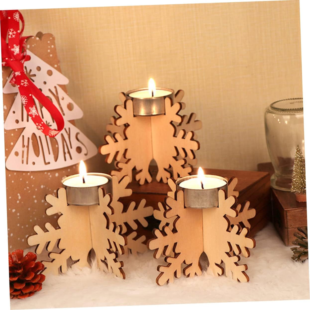 WOONEKY Wooden Snowflake Candle Sticks 6 Pack Christmas Decor 1