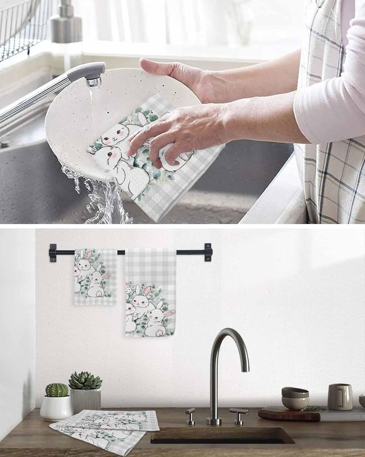 Falaniique Easter Waffle Towel Set of 2 Farmhouse Gray Plaid