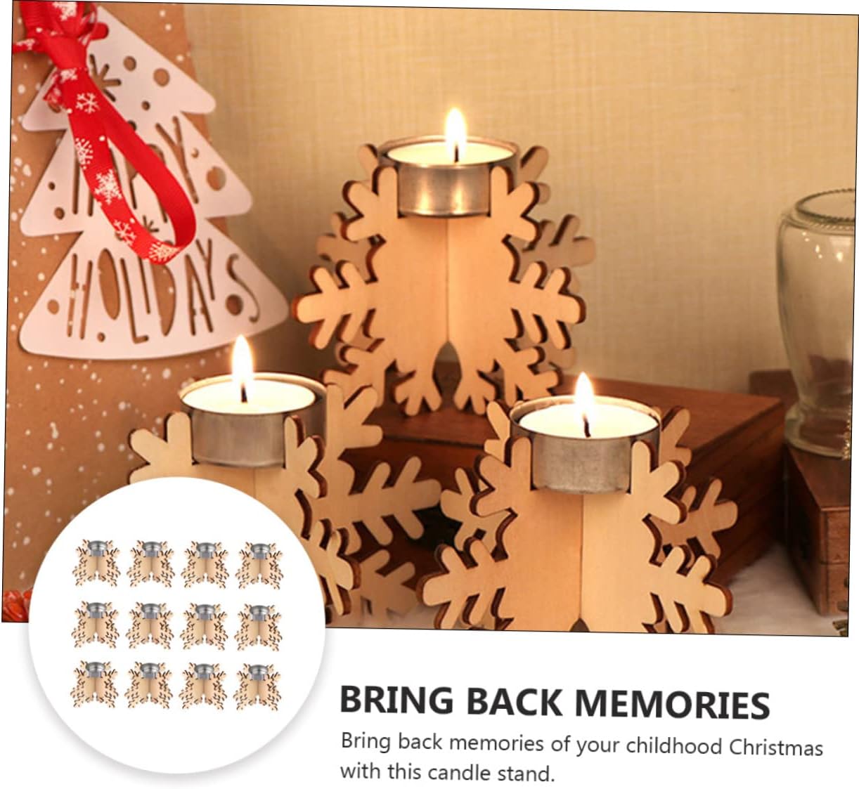 WOONEKY Wooden Snowflake Candle Sticks 6 Pack Christmas Decor 1