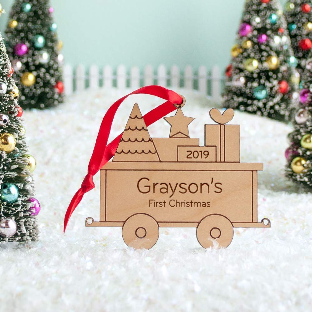 Graphic Spaces Train Ornament 2024 Babys First Christmas Wood Handmade