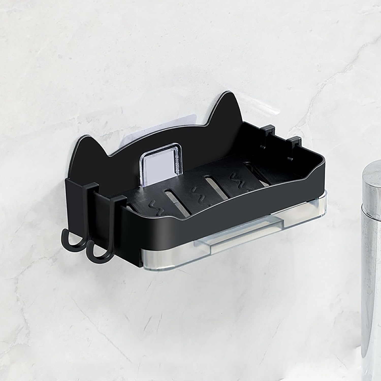 Whimsical Cat Soap Dish with 4 Hooks - Wall Mounted Black
