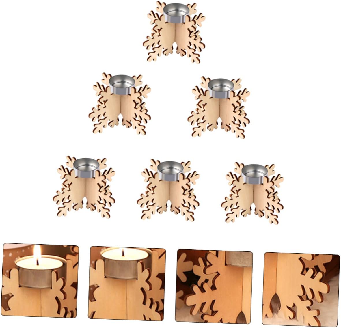 WOONEKY Wooden Snowflake Candle Sticks 6 Pack Christmas Decor 1
