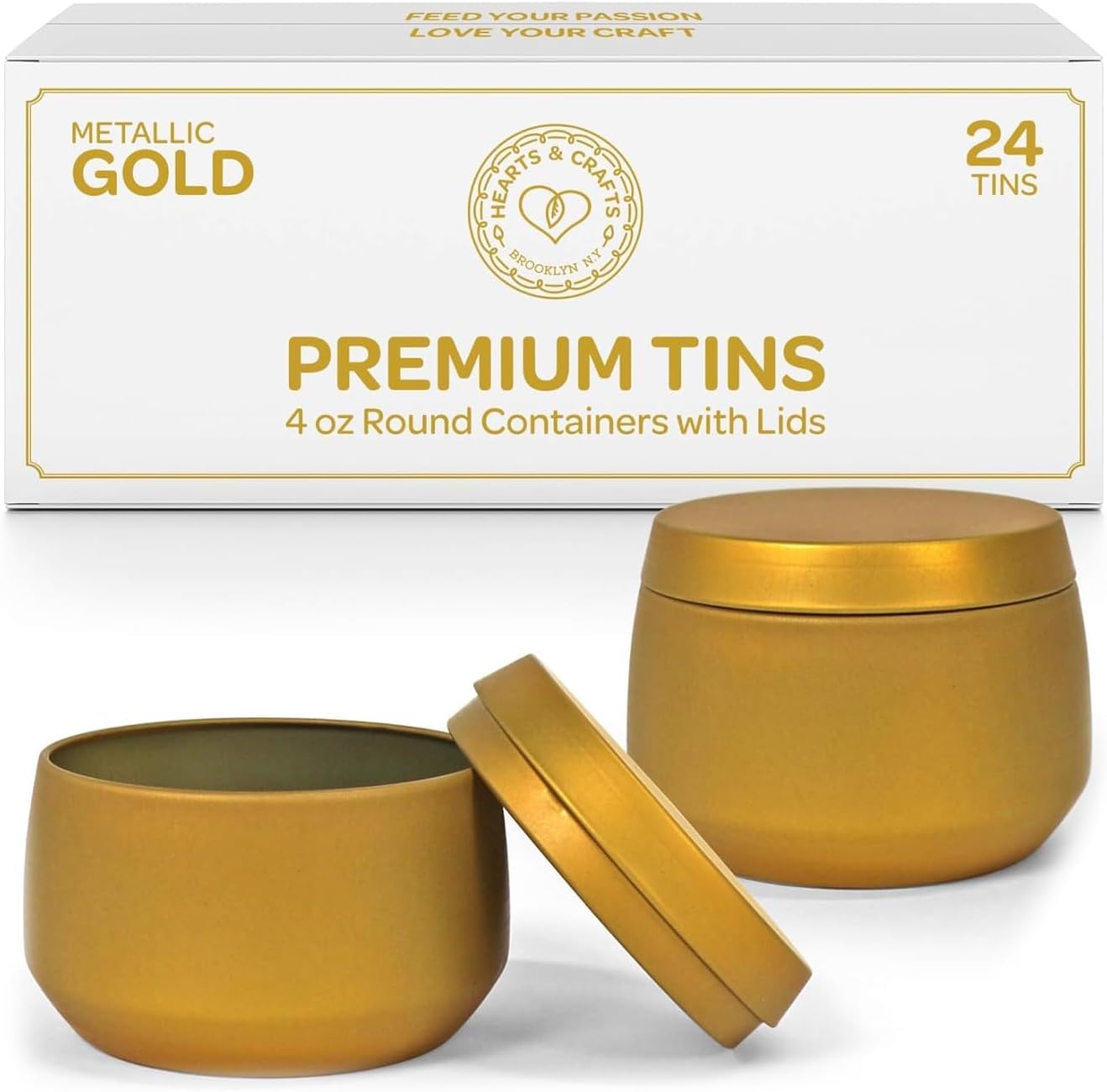 Hearts Crafts Gold Candle Tins - 24-Pack 4 oz With Lids