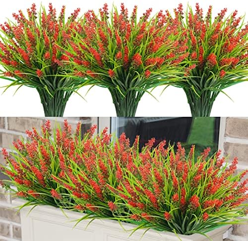 Agusbagli 24-Bundle Artificial Grass Fake Plants Red