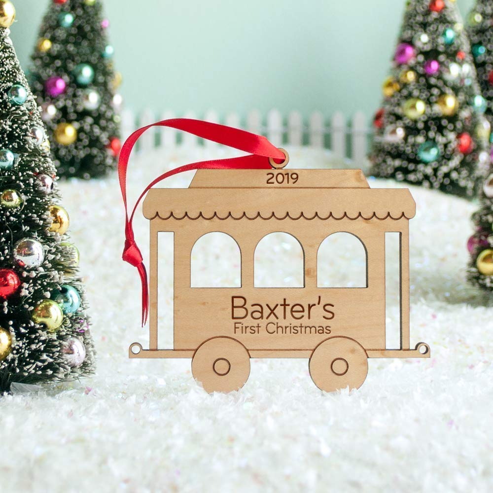 Personalized Babys First Christmas 2024 Wood Train Ornament