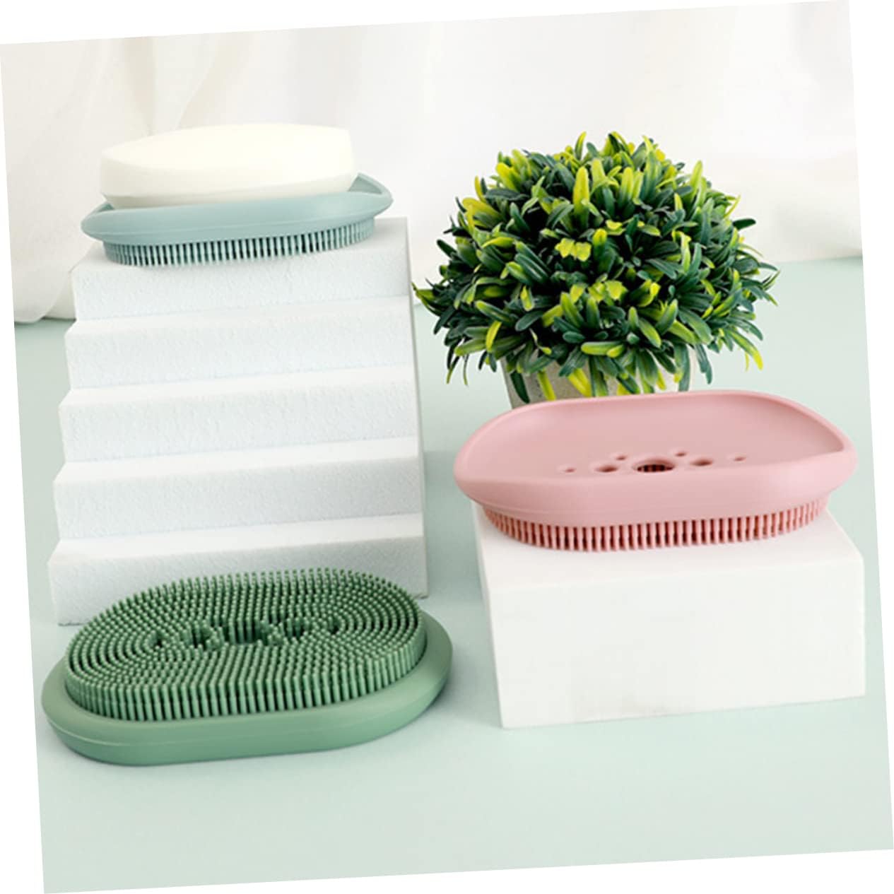 Self Draining Silicone Soap Dish with Brush Holder