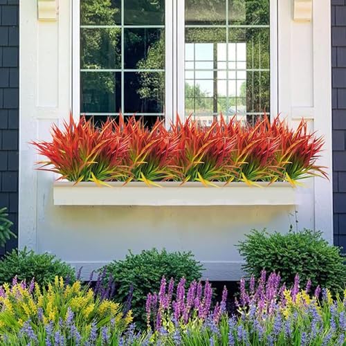 FANMINI 8 Bundle UV Resistant Artificial Grass Plants Red 17Inch Tall