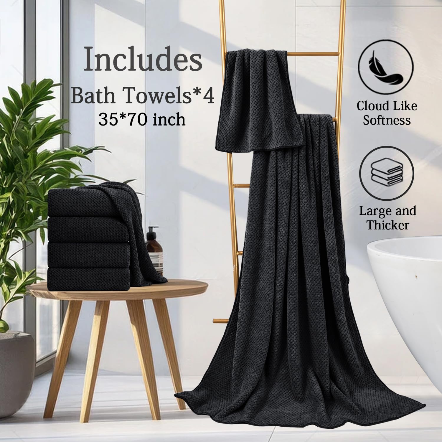 Hailea 4-Pack Black Bath Towels Set 35x70 Inches