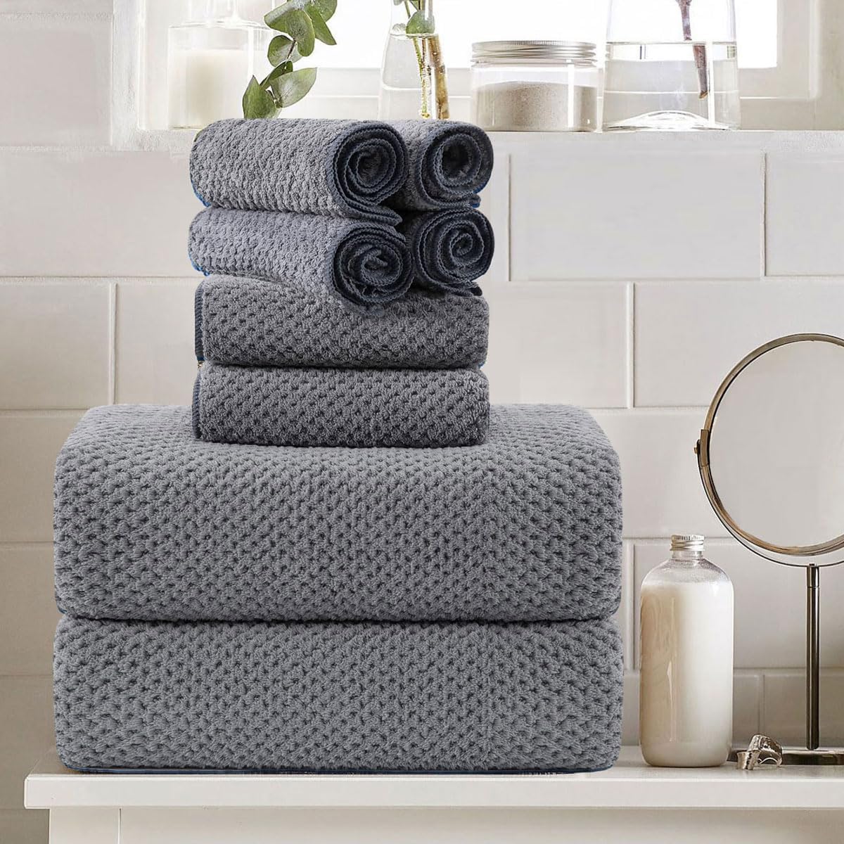 8 Piece Grey Family Bath Towel Set with Hanging Loops